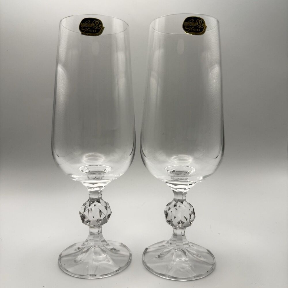 Bohemia Czech Lead Crystal Wine Goblets Pair Faceted Stem Heavy Clear Glass